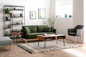 Canapé scandinave déhoussable 3 places en tissu velours bleu nuit et bois clair OSLO