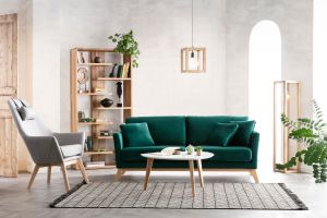 Canapé scandinave déhoussable 3 places en tissu velours bleu nuit et bois clair OSLO