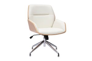 Chaise de bureau design pivotante 360° blanche, bois clair et métal chromé MARLOW