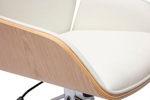 Chaise de bureau design pivotante 360° blanche, bois clair et métal chromé MARLOW