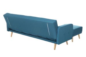 Canapé convertible scandinave 3 places avec repose-pieds en tissu bleu canard et bois clair ULLA
