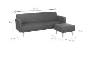 Canapé convertible scandinave 3 places avec repose-pieds en tissu bleu canard et bois clair ULLA