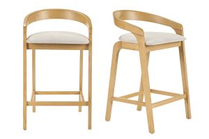 Taburetes de bar de tela efecto terciopelo texturizado beige y madera clara H68 cm (lote de 2) PULSO