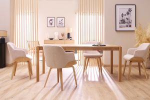 Sedia in tessuto ciniglia beige e legno scuro EARL