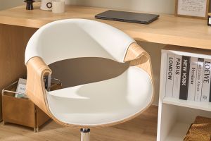 Chaise de bureau à roulettes design blanc, bois clair et acier chromé ARAMIS