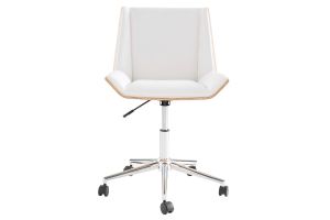 Chaise de bureau à roulettes design blanc, bois clair et acier chromé MELKIOR