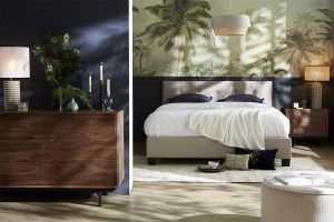 Lit 2 places 160x200 cm en tissu lin beige capitonné MARQUISE