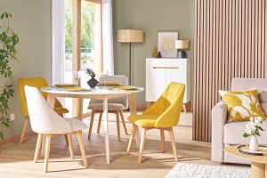 Tavolo da pranzo design rotondo allungabile bianco e legno L120-150 LEENA