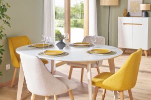 Tavolo da pranzo design rotondo allungabile bianco e legno L120-150 LEENA