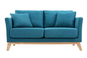Canapé scandinave déhoussable 2 places en tissu bleu canard et bois clair OSLO