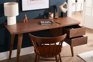 Bureau avec rangements 2 tiroirs bois foncé noyer L140 cm FIFTIES