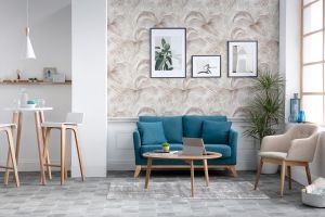 Canapé scandinave déhoussable 2 places en tissu bleu canard et bois clair OSLO