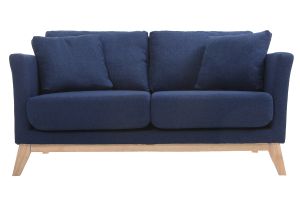 Canapé scandinave déhoussable 2 places en tissu bleu foncé et bois clair OSLO