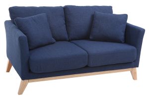 Canapé scandinave déhoussable 2 places en tissu bleu foncé et bois clair OSLO
