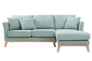 Canapé d'angle droit déhoussable scandinave 4 places en tissu vert lagon et bois clair OSLO