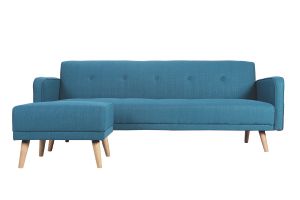 Canapé convertible scandinave 3 places avec repose-pieds en tissu bleu canard et bois clair ULLA