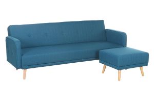 Canapé convertible scandinave 3 places avec repose-pieds en tissu bleu canard et bois clair ULLA