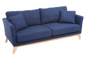 Canapé scandinave déhoussable 3 places en tissu bleu foncé et bois clair OSLO