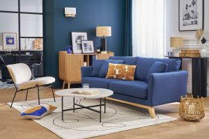 Canapé scandinave déhoussable 3 places en tissu bleu foncé et bois clair OSLO