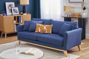 Canapé scandinave déhoussable 3 places en tissu bleu foncé et bois clair OSLO