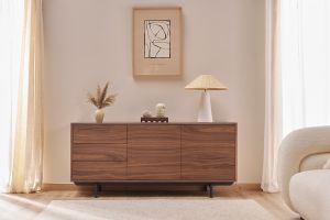 Buffet vintage en bois foncé noyer 2 portes 3 tiroirs L160 cm MANNY