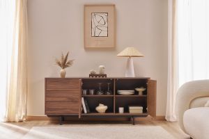 Buffet vintage en bois foncé noyer 2 portes 3 tiroirs L160 cm MANNY