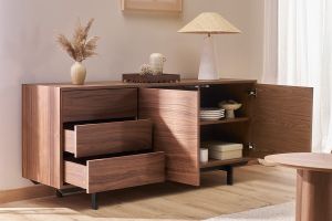 Buffet vintage en bois foncé noyer 2 portes 3 tiroirs L160 cm MANNY