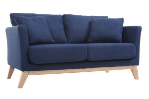 Canapé scandinave déhoussable 2 places en tissu bleu foncé et bois clair OSLO