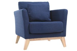 Fauteuil scandinave déhoussable en tissu bleu foncé et bois clair OSLO