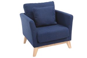 Fauteuil scandinave déhoussable en tissu bleu foncé et bois clair OSLO