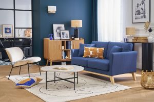 Canapé scandinave déhoussable 2 places en tissu bleu foncé et bois clair OSLO