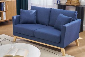 Canapé scandinave déhoussable 2 places en tissu bleu foncé et bois clair OSLO