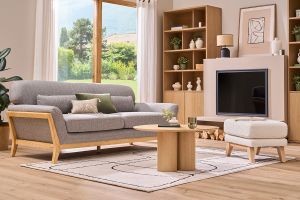 Canapé scandinave 3 places en tissu gris et bois clair YOKO