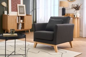 Fauteuil scandinave déhoussable en tissu gris foncé et bois clair OSLO