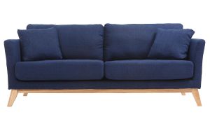 Canapé scandinave déhoussable 3 places en tissu bleu foncé et bois clair OSLO