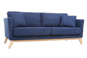 Canapé scandinave déhoussable 3 places en tissu bleu foncé et bois clair OSLO