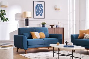 Canapé 2 places en tissu bleu foncé et bois foncé EKTOR