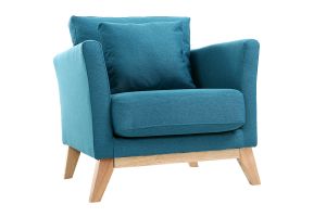 Fauteuil scandinave déhoussable en tissu bleu canard et bois clair OSLO