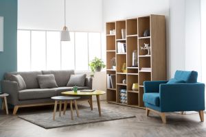Fauteuil scandinave déhoussable en tissu bleu canard et bois clair OSLO