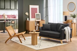 Canapé scandinave déhoussable 2 places en tissu gris foncé et bois clair OSLO