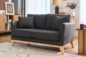 Canapé scandinave déhoussable 2 places en tissu gris foncé et bois clair OSLO