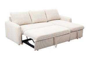 Canapé d'angle convertible réversible avec coffre 3 places en tissu velours côtelé beige et bois clair ORSO