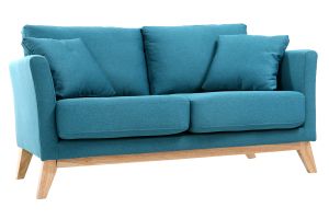Canapé scandinave déhoussable 2 places en tissu bleu canard et bois clair OSLO