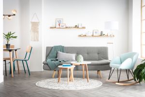 Canapé convertible scandinave 3 places en tissu vert lagon et bois clair SENSO