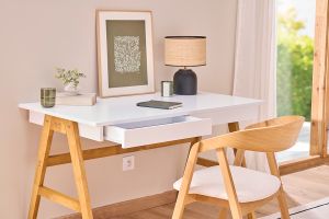Bureau avec rangements 2 tiroirs scandinave blanc et bois clair chêne L120 cm BROOK