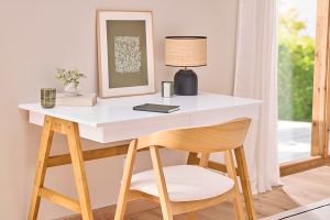 Bureau avec rangements 2 tiroirs scandinave blanc et bois clair chêne L120 cm BROOK