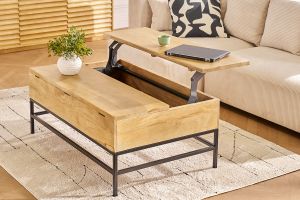 Table basse relevable industrielle bois manguier massif et métal noir L110 cm YPSTER