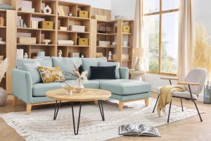 Canapé d'angle droit déhoussable scandinave 4 places en tissu vert lagon et bois clair OSLO