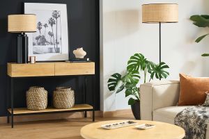 Console industrielle avec rangements 2 tiroirs en bois manguier massif et métal noir L110 cm YPSTER