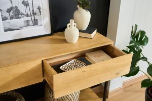Console industrielle avec rangements 2 tiroirs en bois manguier massif et métal noir L110 cm YPSTER